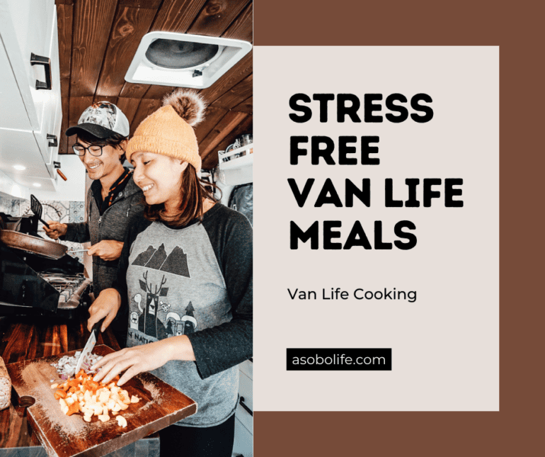 A couple cooking a meal in a camper van