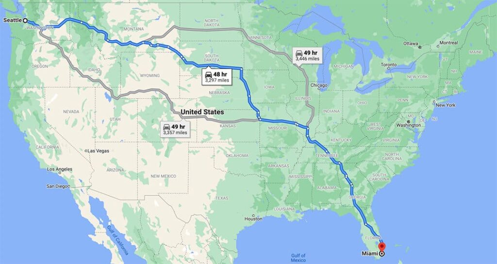 Google maps showing route between Seattle and Miami