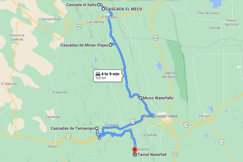 Map of waterfalls in Huasteca Potosina region in Mexico