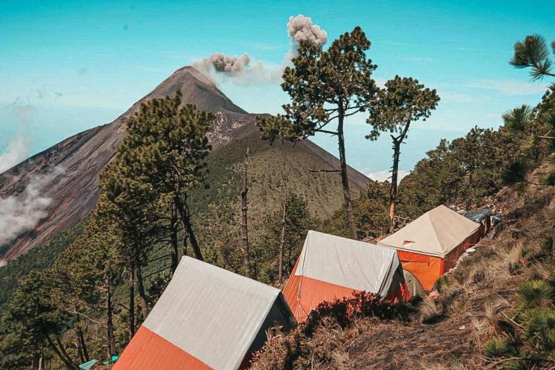 View of Fuego Volcano Behind Campsite Cabanas