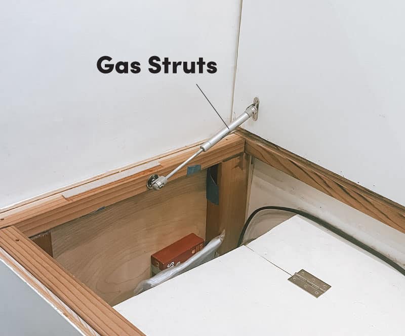 Gas struts installed under bed top lid