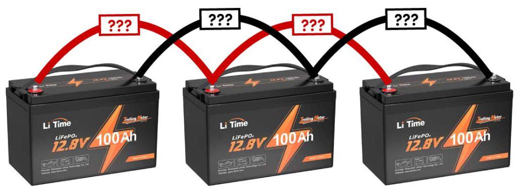Three auxiliary batteries wired together with unknown wire size.