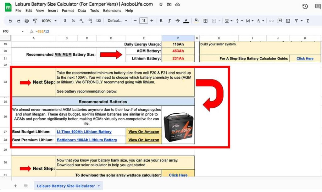 Screenshot of calculator spreadsheet with battery recommendations