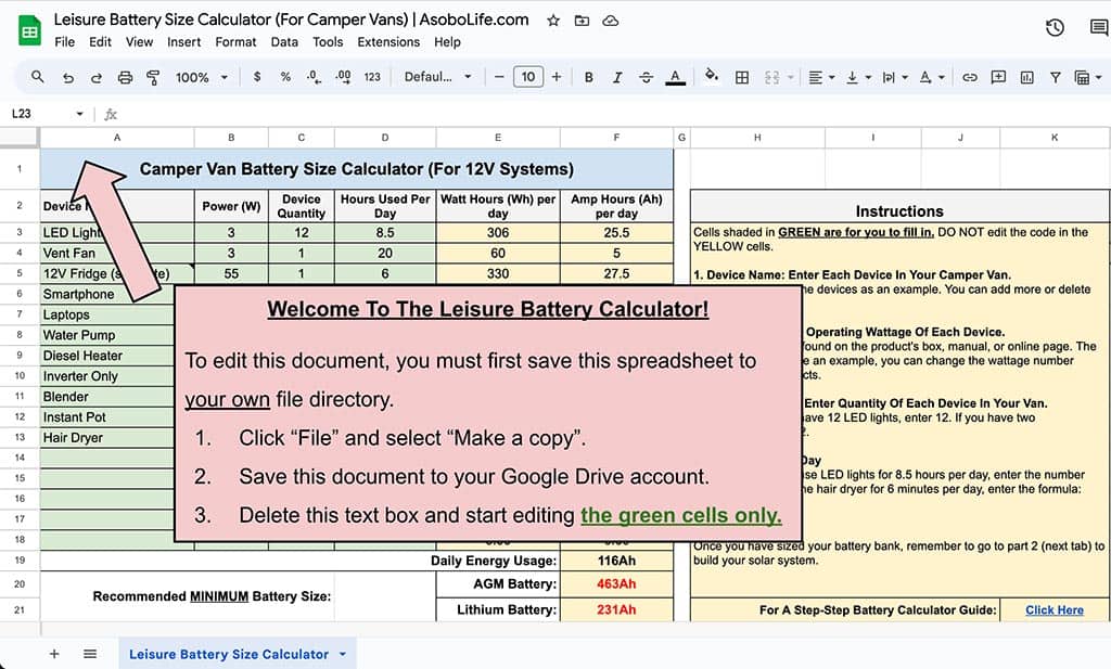 Step 1 delete pink box and save battery size spreadsheet calculator to desktop or cloud.
