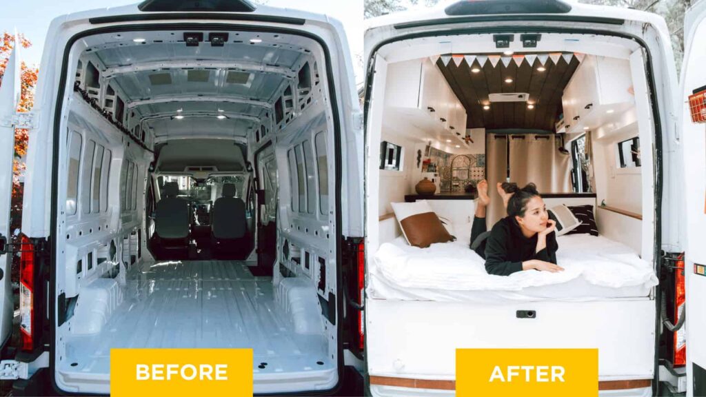 Before and after image showing an empty commercial van interior and a finished camper van conversion
