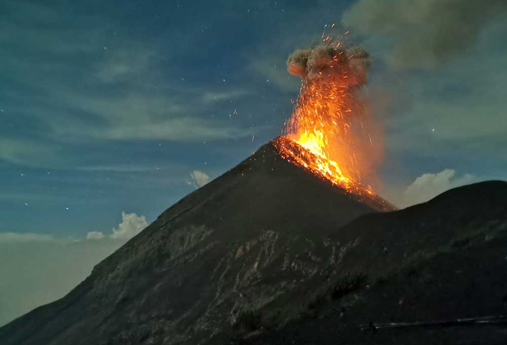 Fuego Volcano erupting in the night