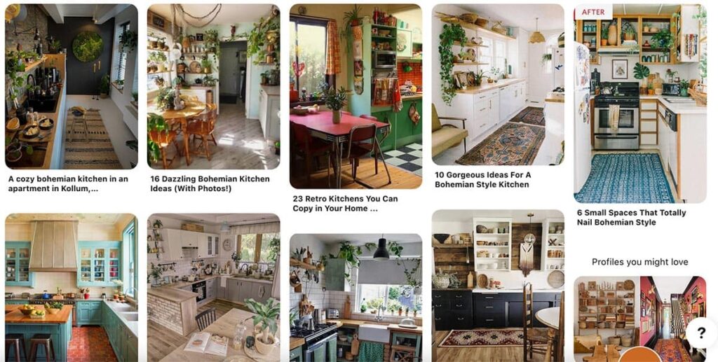 Pinterest search result for "Bohemian kitchen examples"