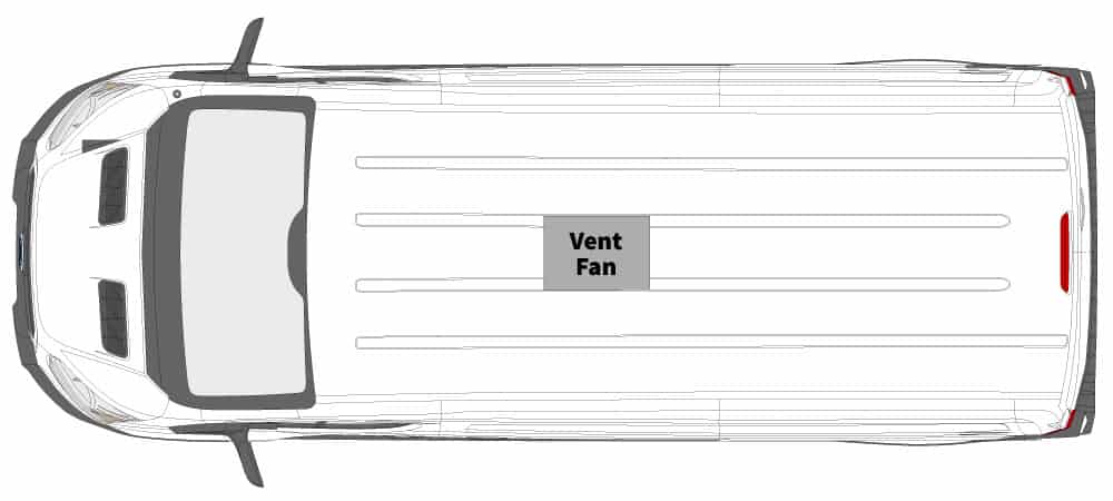 Camper van roof with vent fan location