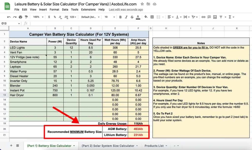Battery calculator spreadsheet displaying battery size recommendations for AGM and lithium batteries