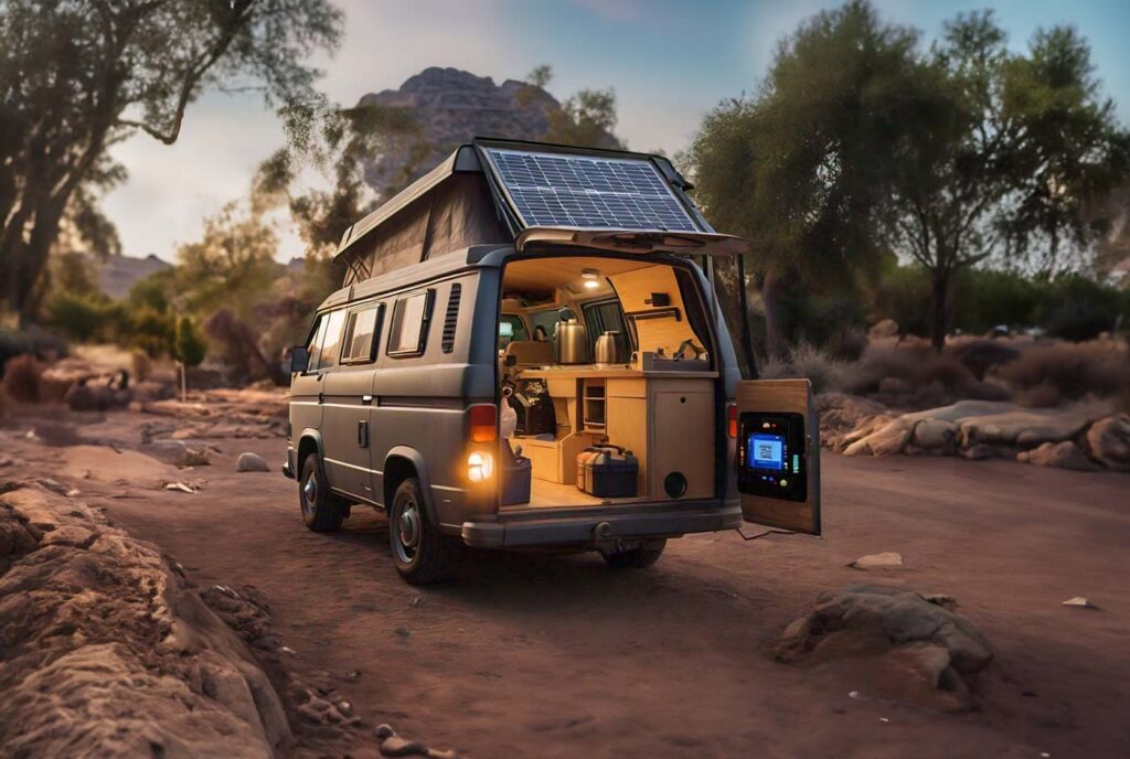 Camper van parked in the desert displaying various electrical components like solar panels, lights, and water kettle.