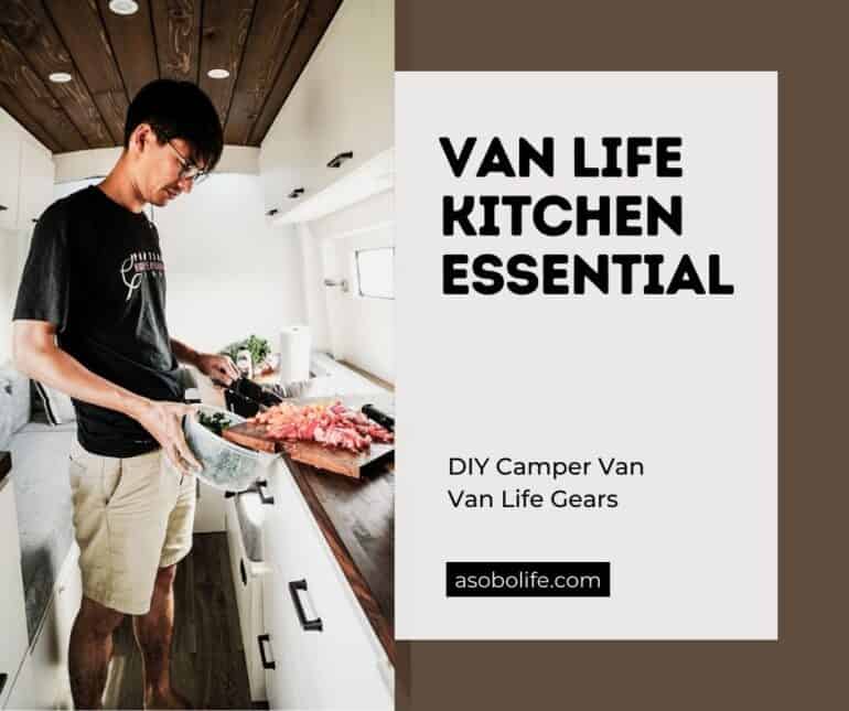 A man inside a camper van cooking a meal using various kitchen products