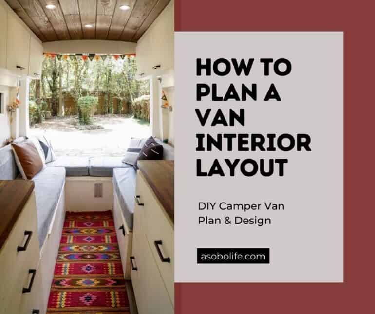 The inside of a camper van with area rug, couch, and kitchen counters.