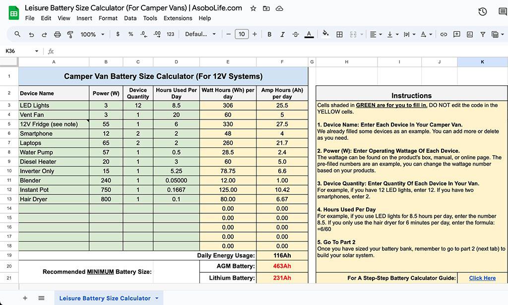 Screenshot of the front page of our leisure battery size spreadsheet calculator