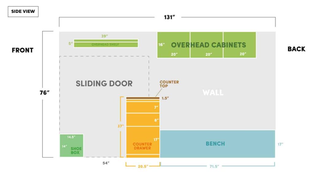 Digital floor plan for the passenger side of the van including overhead cabinets, bed, and kitchen counter