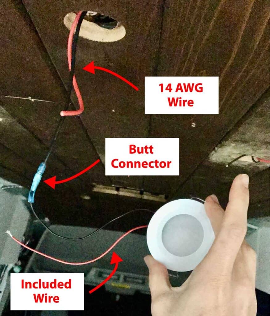 Ceiling light installation diagram indicating how to use butt connectors to attach the LED light wires to the 14-gauge wires in the van