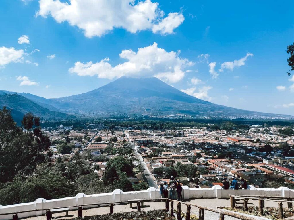 Viewpoint in Antigua overlooking the town with Agua Volcano in the background