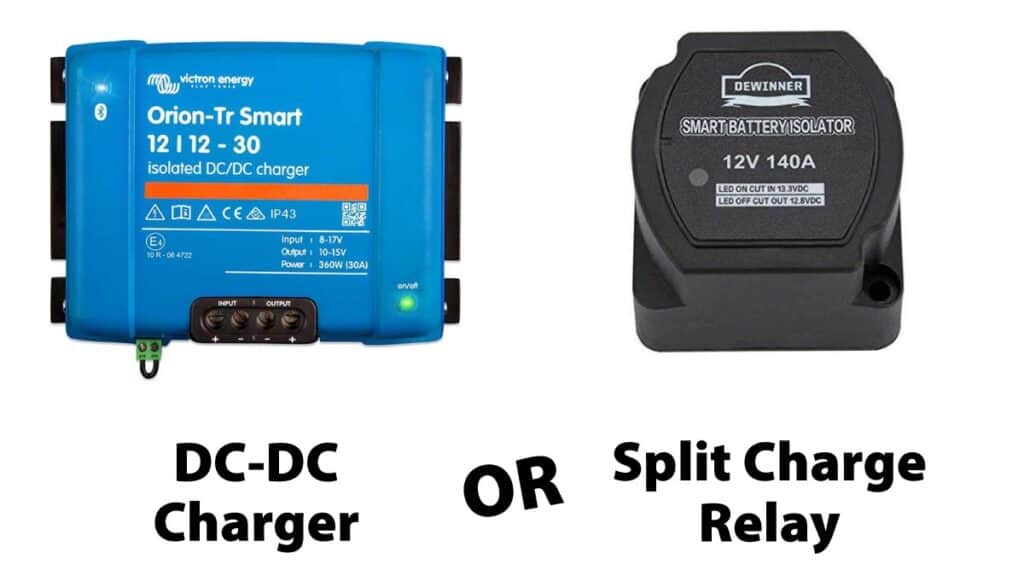 A Victron-branded DC-DC charger next to a split charge relay.