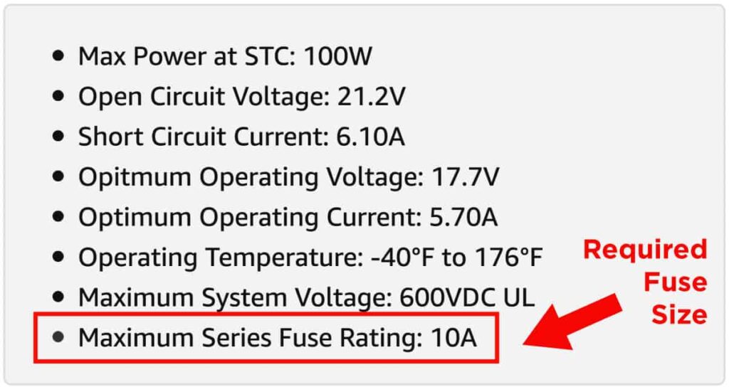 Chart indicating where to find a solar panel's maximum series fuse rating from its technical specifications chart