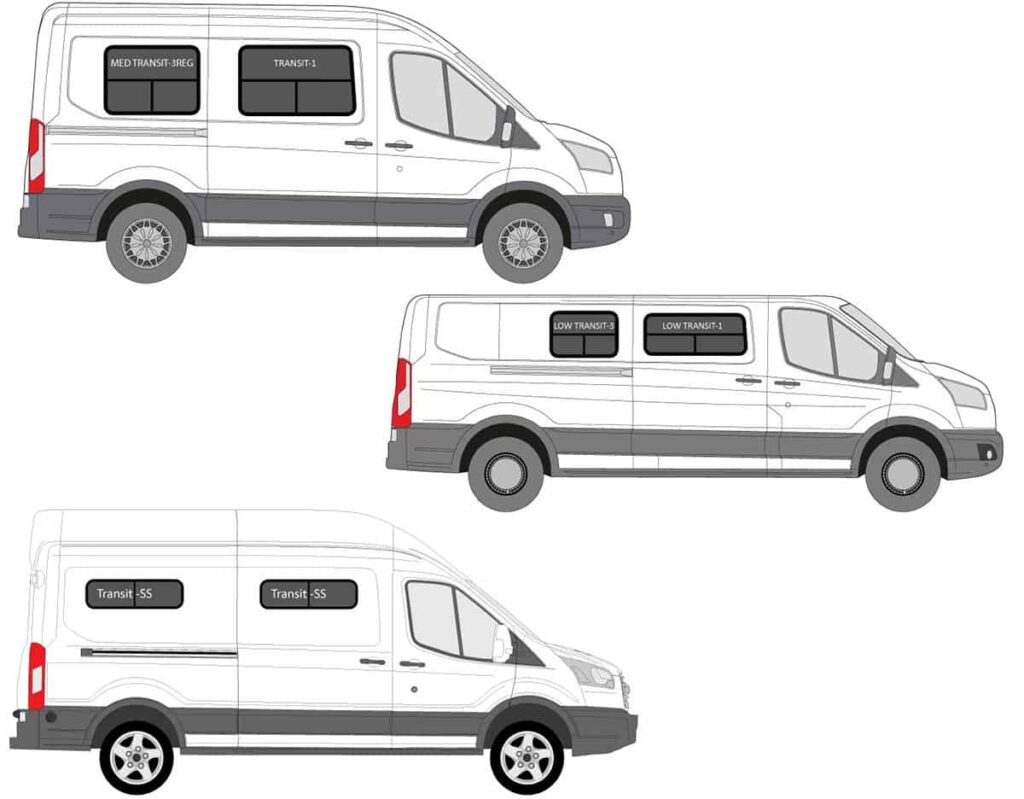 Example of different camper van window sizes