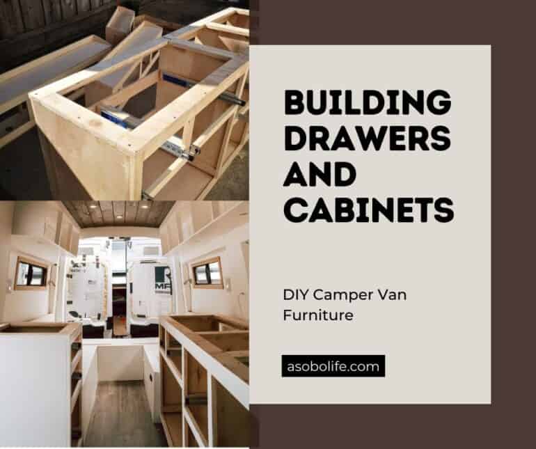 Kitchen counters being constructed inside a camper van