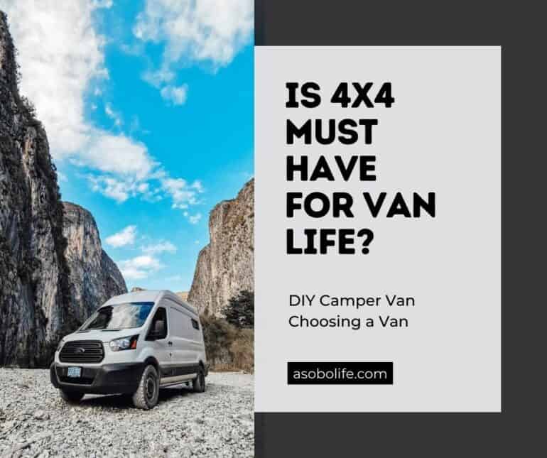 A Ford Transit camper van driving on a gravel road inside a canyon.