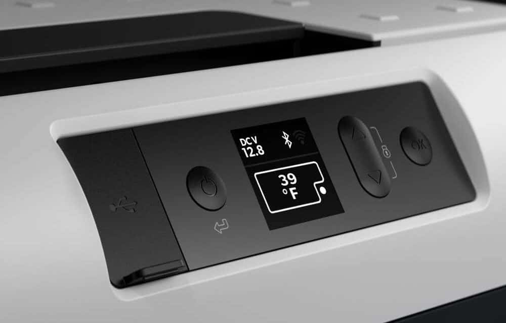 Front view of Dometic CFX fridge showing the control buttons