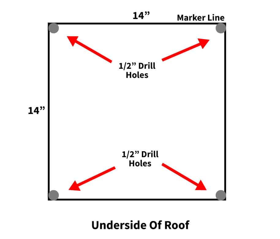 14" x 14" square with four 1/2" holes drilled in each corner of the square.