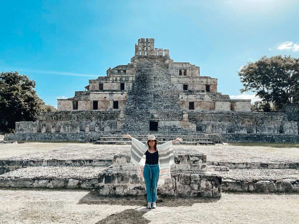 Yuko standing in front of the main pyramid at the Edzna ruins in Mexico