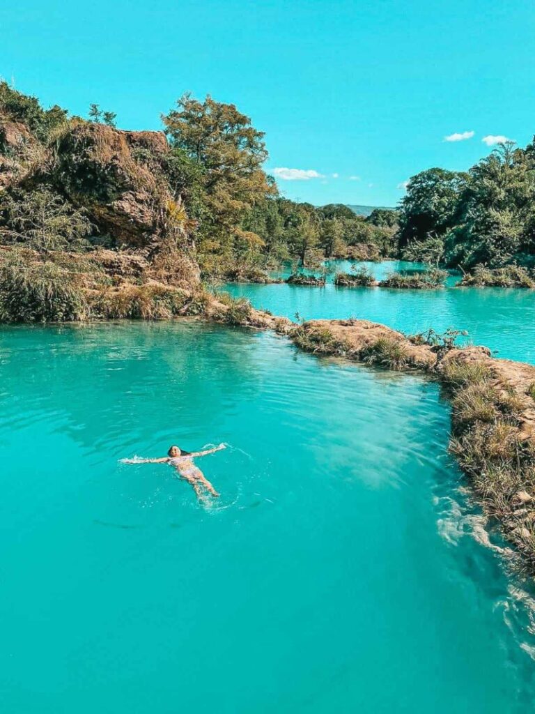 Yuko floating in the pools just below El Salto waterfall in Huasteca Potosina