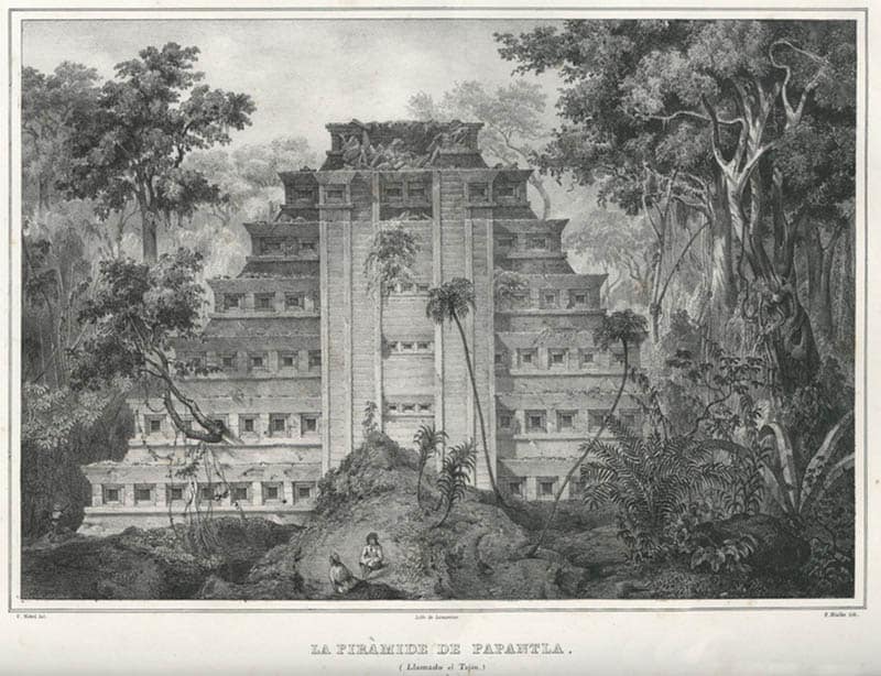 Historical drawing of the Pyramid of the Niches in El Tajin