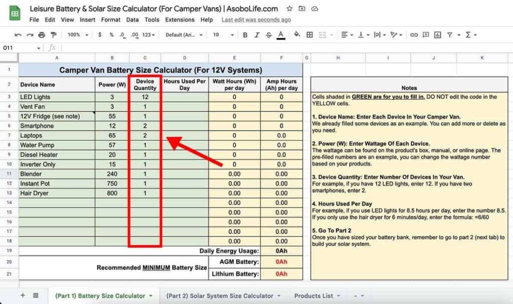 Screenshot of battery size spreadsheet calculator prompting user to enter the quantity of each device in their cmaper van