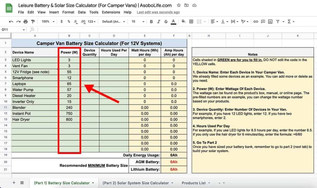 Screenshot of battery size spreadsheet calculator prompting user to enter wattage information for each listed device