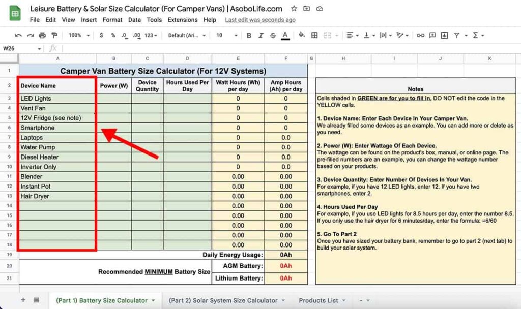 Screenshot of battery calculator spreadsheet prompting user to enter their electrical devices in column A
