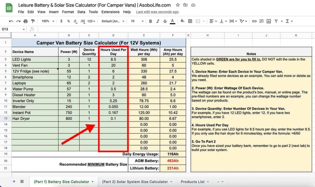Screenshot of battery size spreadsheet prompting user to enter how many hours each device is used per day