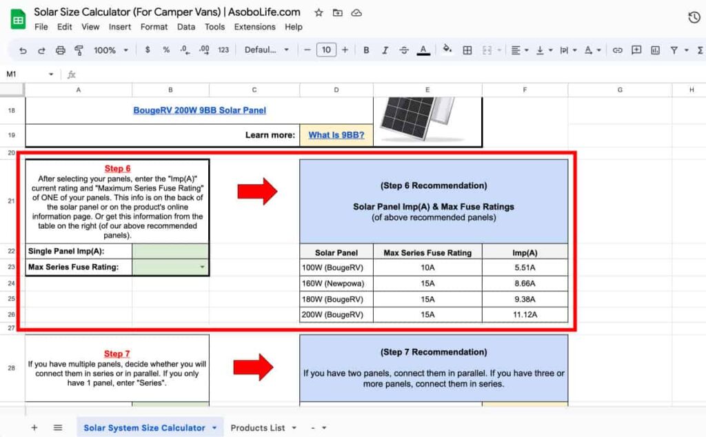 Screenshot of excel calculator prompting users to enter the short circuit current and max series fuse rating of their solar panels