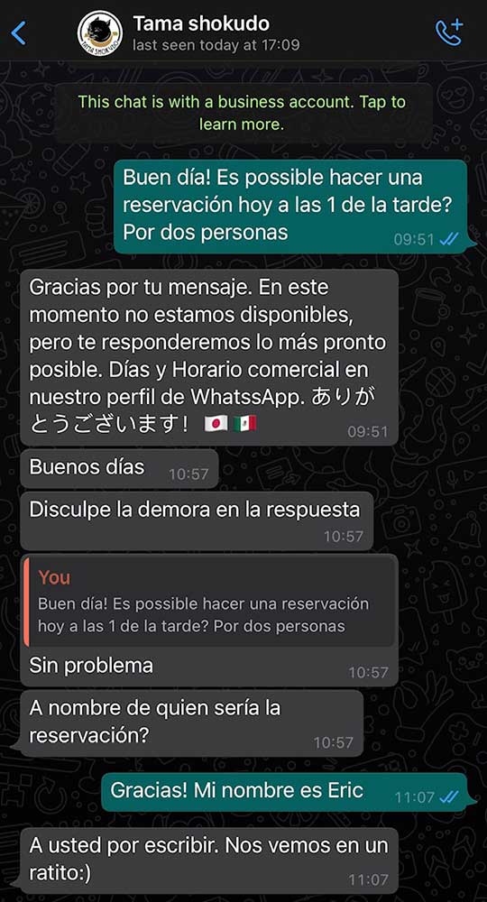 Message conversation with a business over WhatsApp