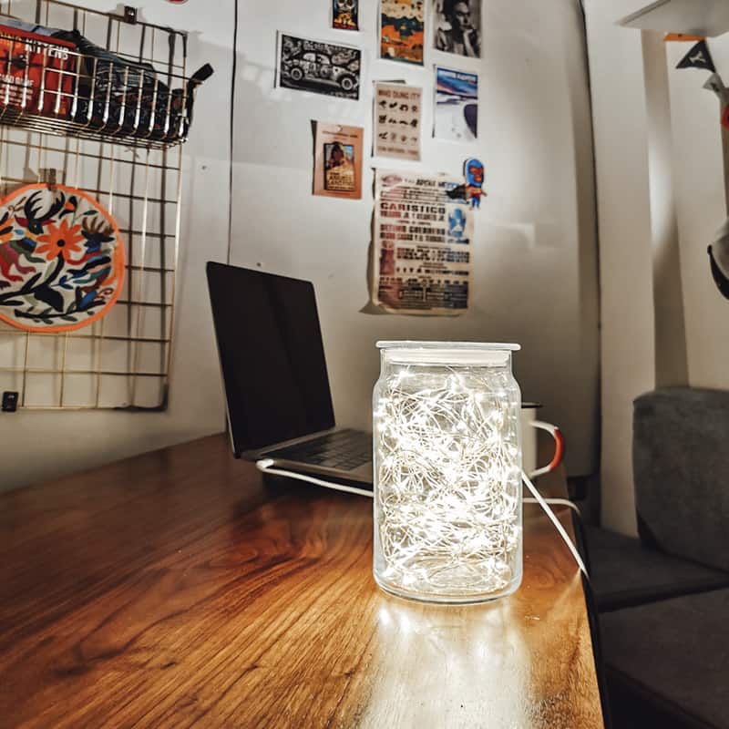 Fairy lights inside a jar in a Ford Transit camper van