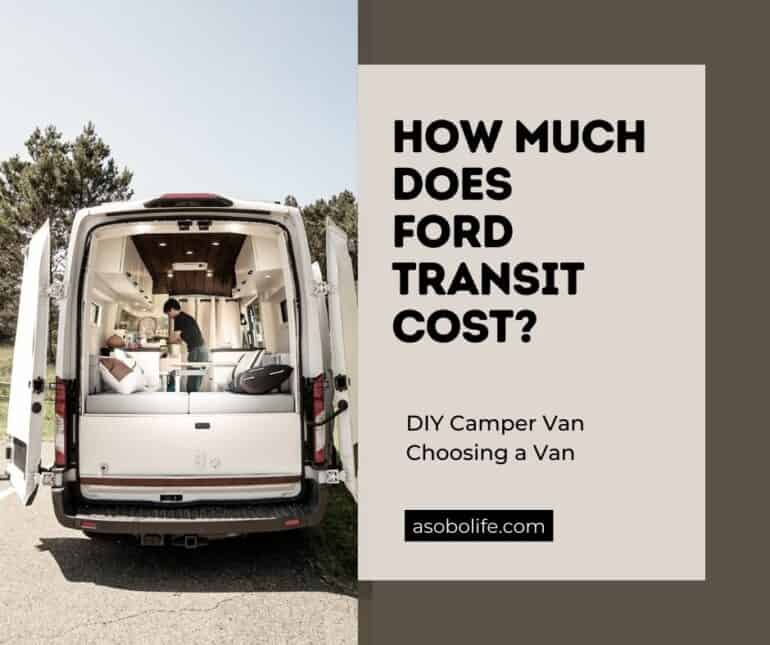A man standing inside his Ford Transit camper van.