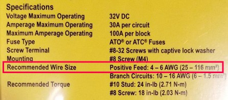 12V fuse panel specifications from Blue Sea Systems indicating that 4 or 6 AWG wire must be used to connect to the panel.