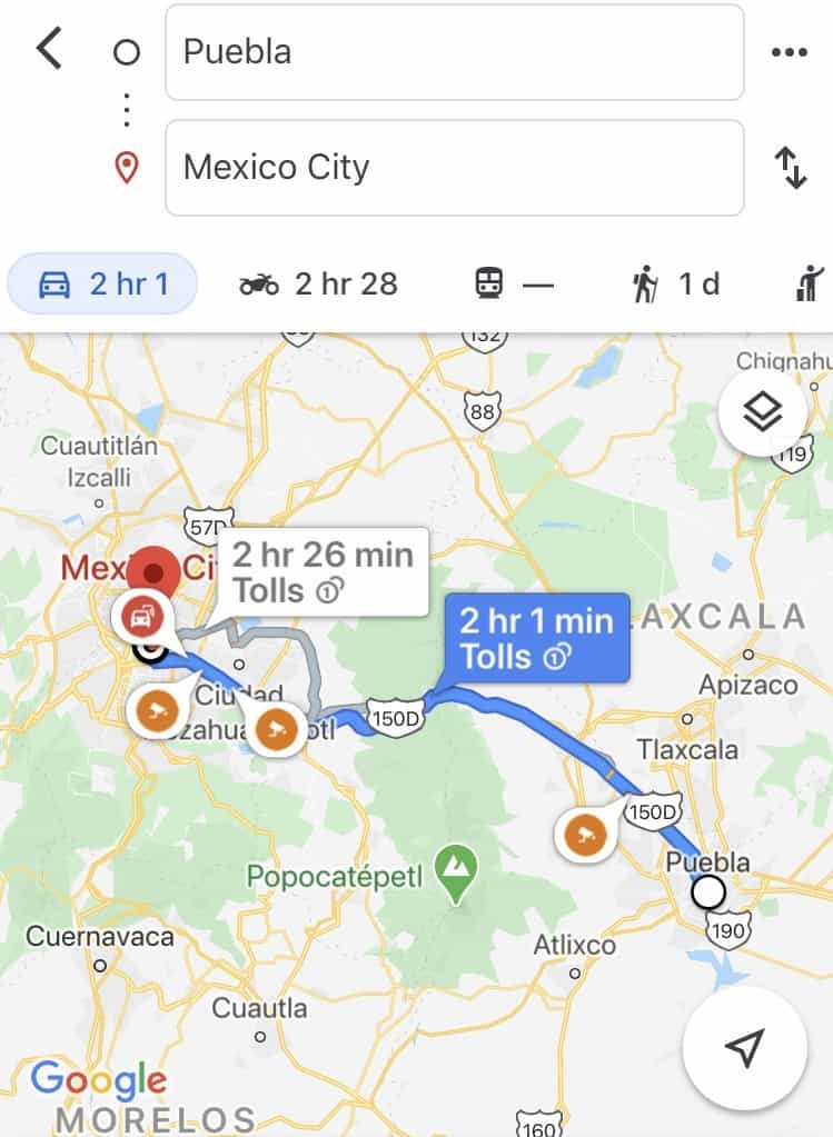 Google maps recommended route in Mexico