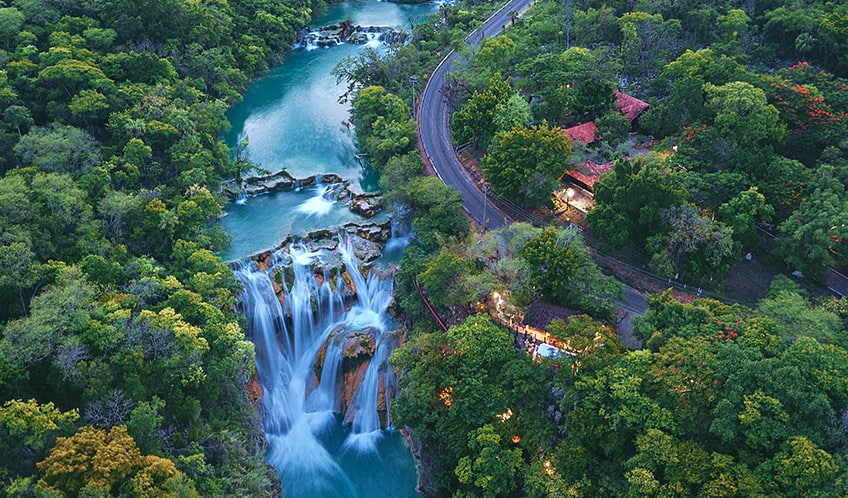 Bird's eye view of El Meco waterfall in Huasteca Potosina