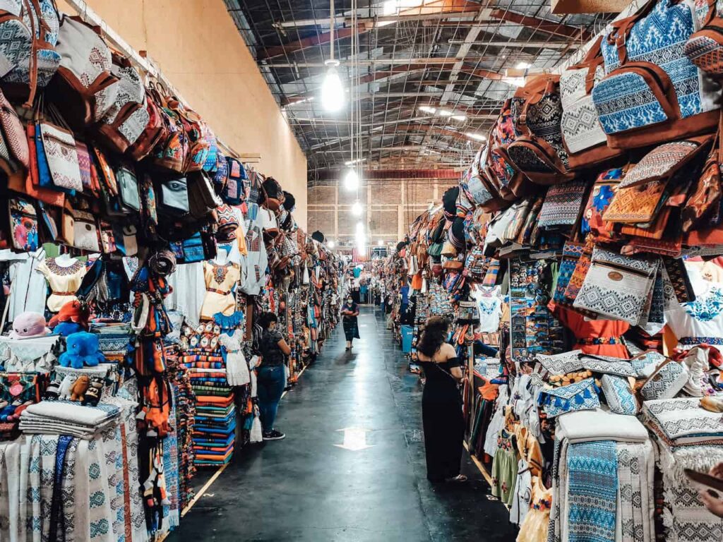 Handicrafts market in Antigua with shop vendors selling souvenirs