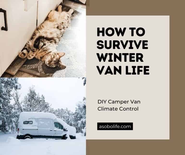 Camper van stuck in the snow and a cat laying inside a van conversion