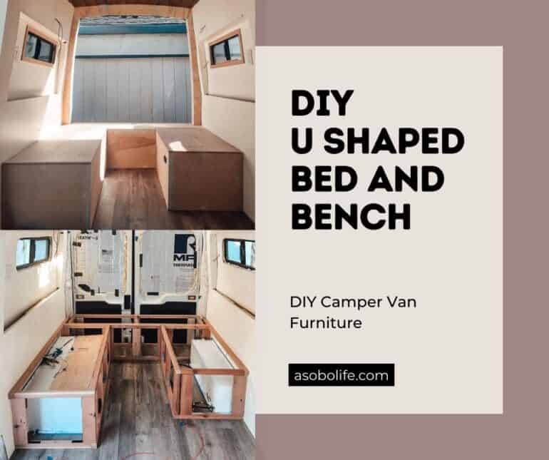 A bed frame being constructed inside a camper van