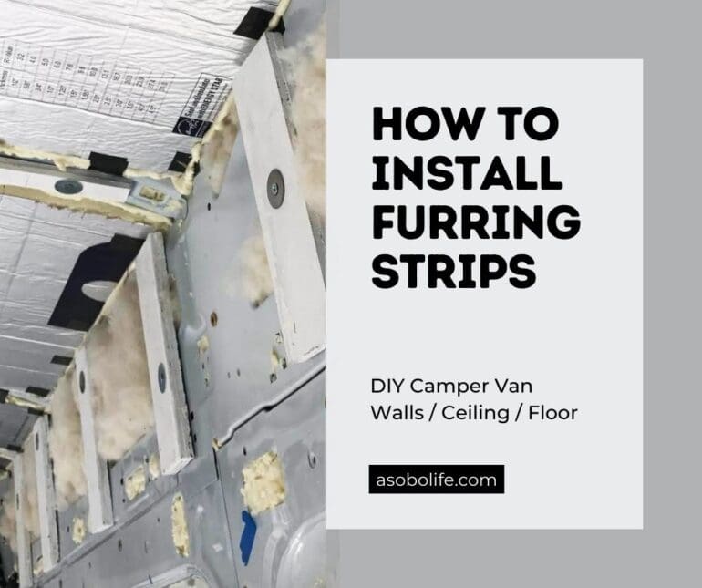 Five wood furring strips attached inside a camper van.