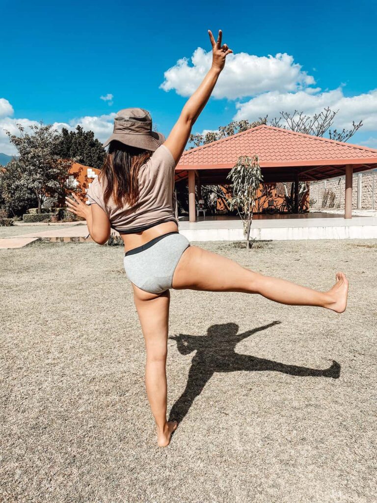 Woman showing off her period underwear at an RV campground