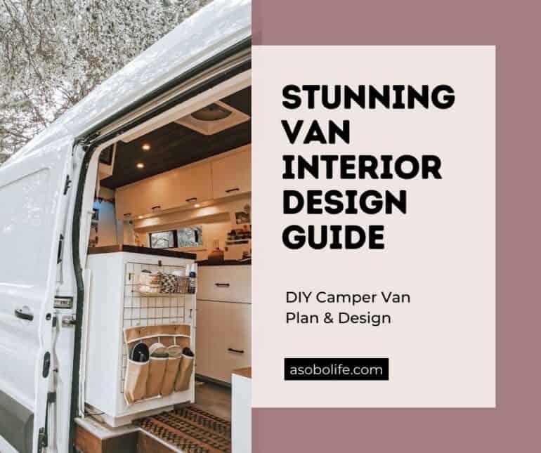 Camper van with open sliding door exposing a beautiful interior with entrance mat, kitchen counters, and overhead cabinets.