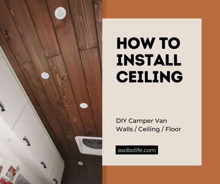 Stained cedar board planks installed on the ceiling of a camper van with 12-volt LED lights.