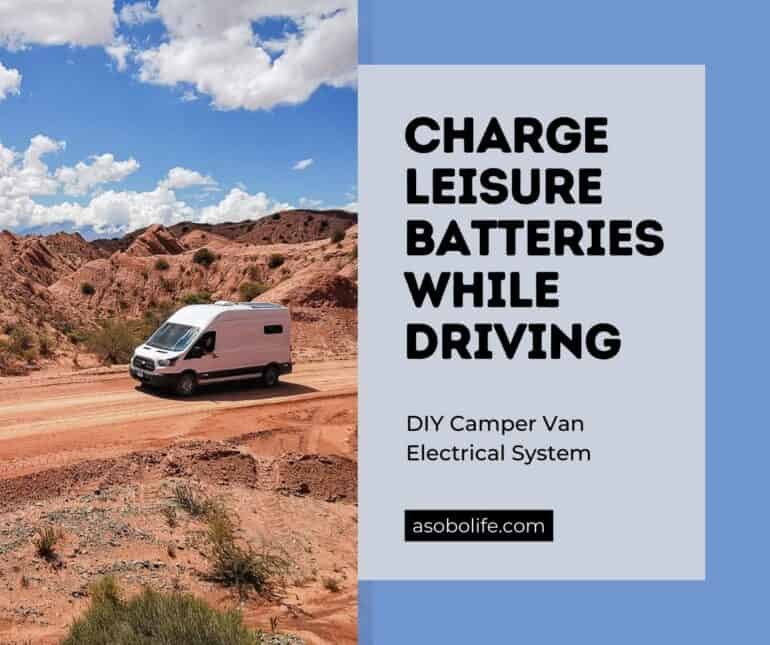 A camper van driving alongside red mountains and charging it's leisure batteries in the process.