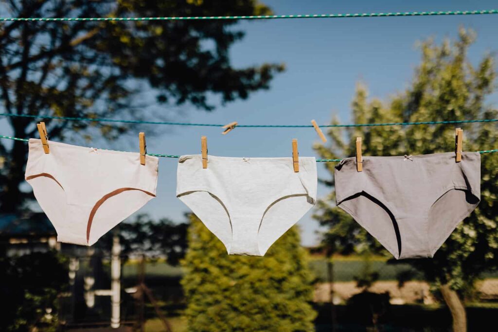 Three pairs of underwear hanging on a dry line.